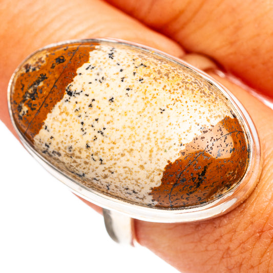 Picture jasper cabochon sterling silver ring with oval stone, size 9