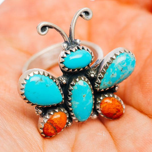 Exclusive Southwestern Style Kingman Turquoise Butterfly, Sponge Coral Ring Size 6 Adjustable (.925 Sterling Silver)