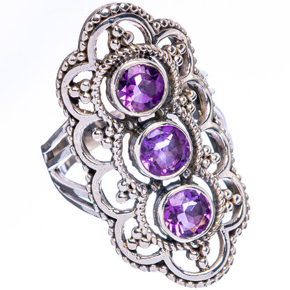 Amethyst 925 sterling silver ring, oval purple stones in ornate openwork scrollwork