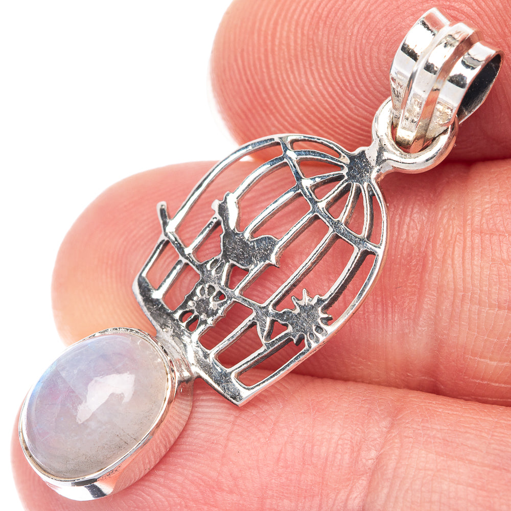925 sterling silver moonstone pendant with openwork cage design and top bail