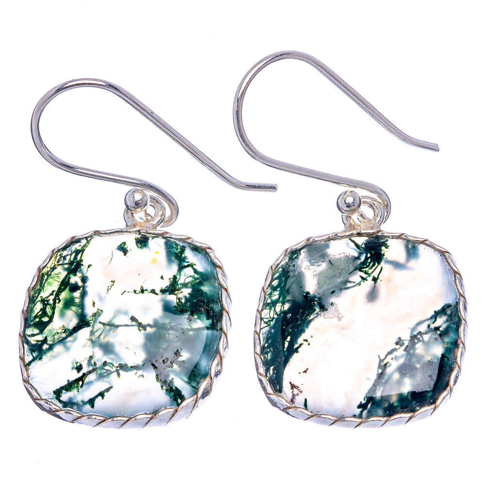 Green Moss Agate Earrings 1 3/8" (.925 Sterling Silver)