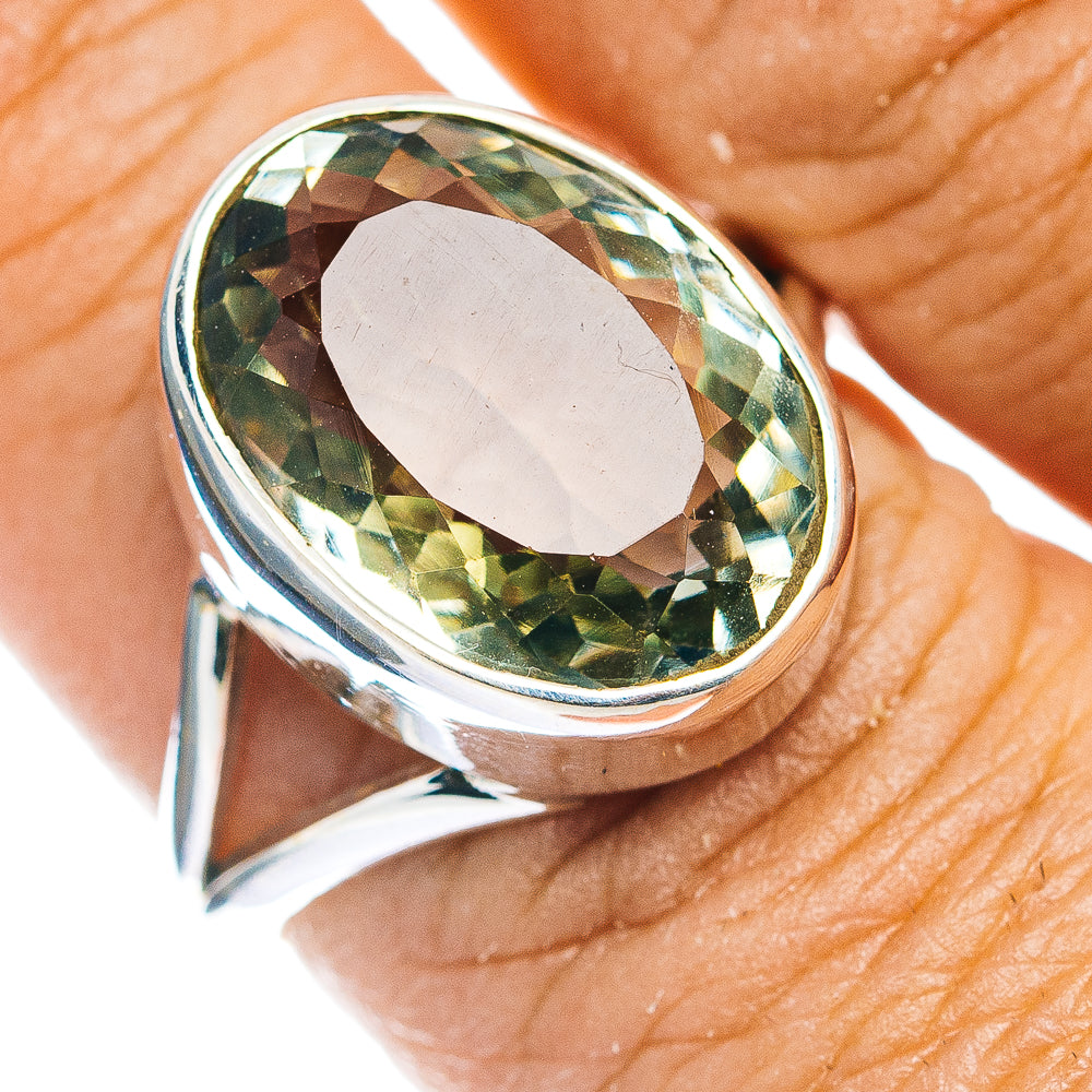 Oval green amethyst ring, .925 sterling silver, faceted gem close-up