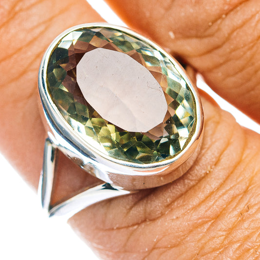 Oval green amethyst ring, .925 sterling silver, faceted gem close-up