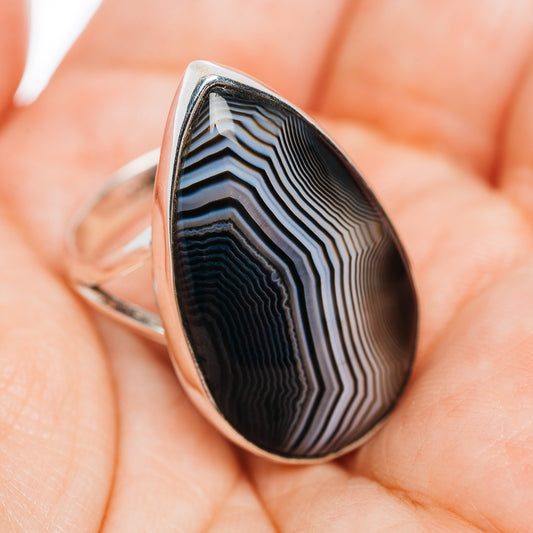 Sterling silver agate ring, teardrop dark banded stone with white stripes