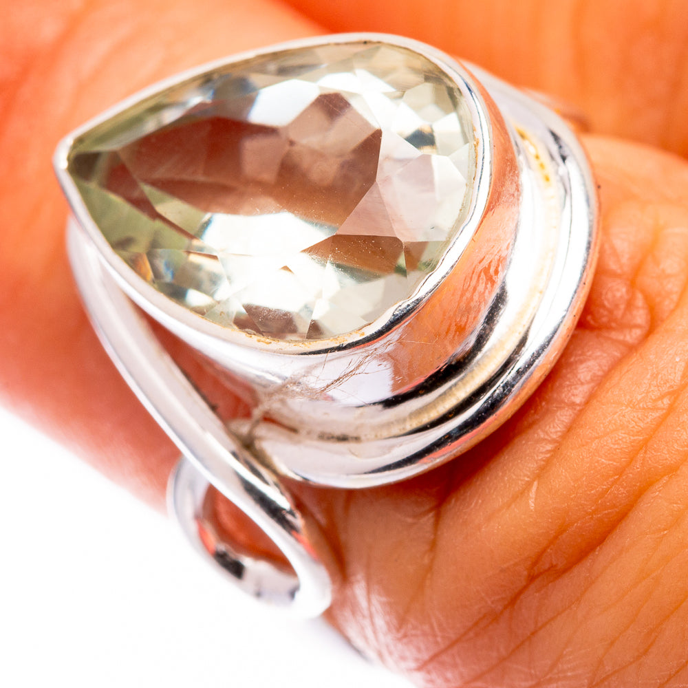 Sterling silver ring with faceted oval green amethyst gemstone