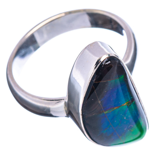 Sterling silver ammolite ring with blue-green iridescent oval stone, side view