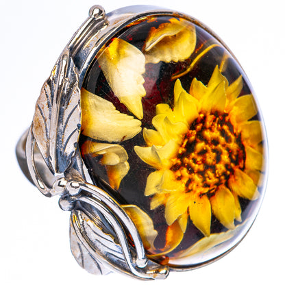 Amber Intaglio Sunflower Ring Size 6 Adjustable (925 Sterling Silver) R3815