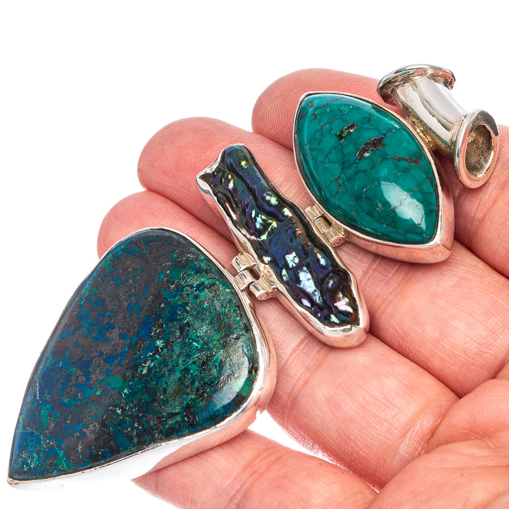 Huge Azurite, Titanium Mother Of Pearl, Tibetan Turquoise Pendant 3 1/8" (925 Sterling Silver) P40115