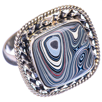 Fordite ring size 10.5, 925 sterling silver, oval blue-gray marbled top, twisted rope shank