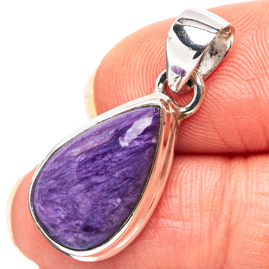 925 sterling silver teardrop charoite pendant with purple gemstone cabochon, hinged bail