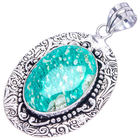 Silver-tone amazonite pendant with detailed border, green oval stone, top loop bail.