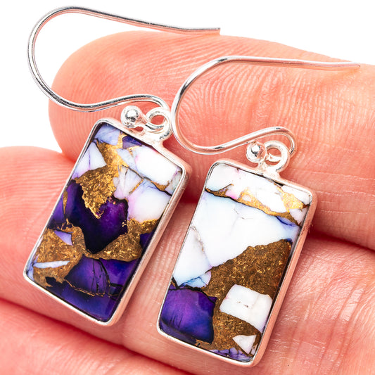 Rectangular purple-blue and gold mosaic earrings with silver fishhook backs
