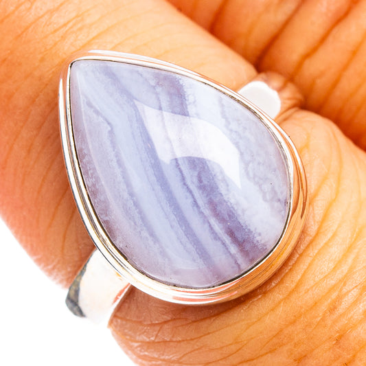 Sterling silver ring with pear-shaped blue lace agate cabochon