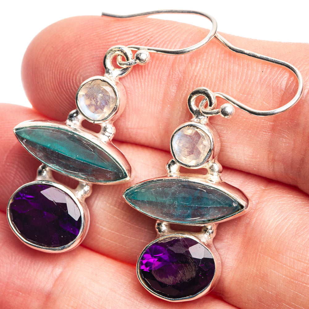 Blue Fluorite, Amethyst, Rainbow Moonstone Earrings 1 1/2" (925 Sterling Silver) E432474