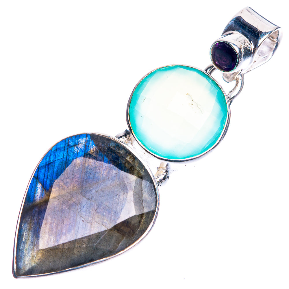 Labradorite, Aqua Chalcedony 925 Sterling Silver Pendant 1 3/4"