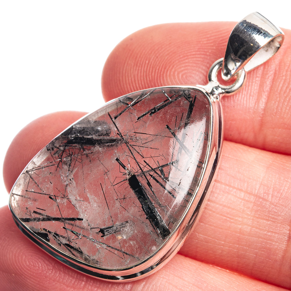 Tourmalinated quartz 925 silver pendant, teardrop cabochon with gray stone and black streaks
