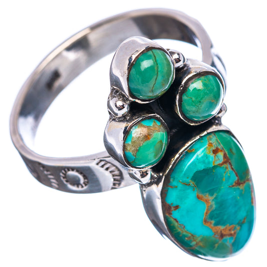 Turquoise cabochon sterling silver ring with oval and round stones, side view
