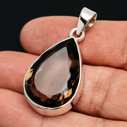 Premium 28ct Faceted Smoky Quartz Pendant 1 5/8" (.925 Sterling Silver)