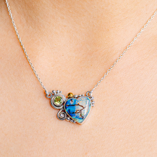 925 sterling silver heart pendant necklace, blue opal-like stone with peridot accents