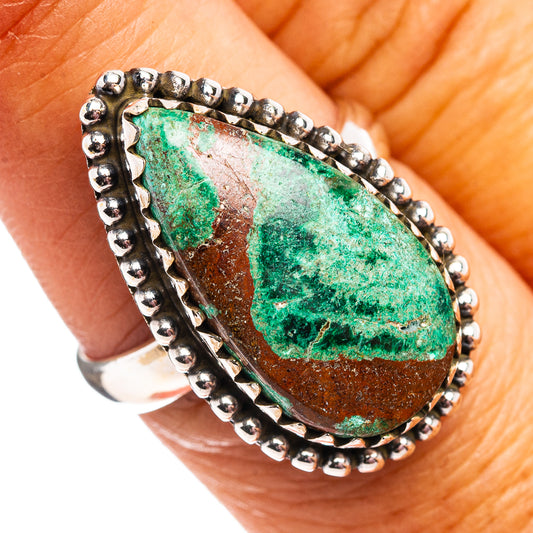 Sterling silver teardrop chrysocolla ring with beaded bezel, green stone