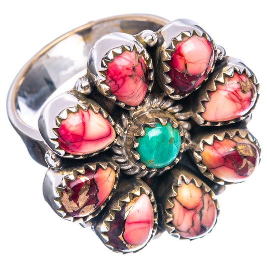 Adjustable .925 sterling silver ring with red oval stones and one turquoise center stone