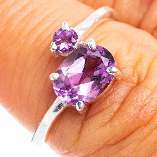 Amethyst dainty sterling silver ring with oval purple gemstone and side prongs