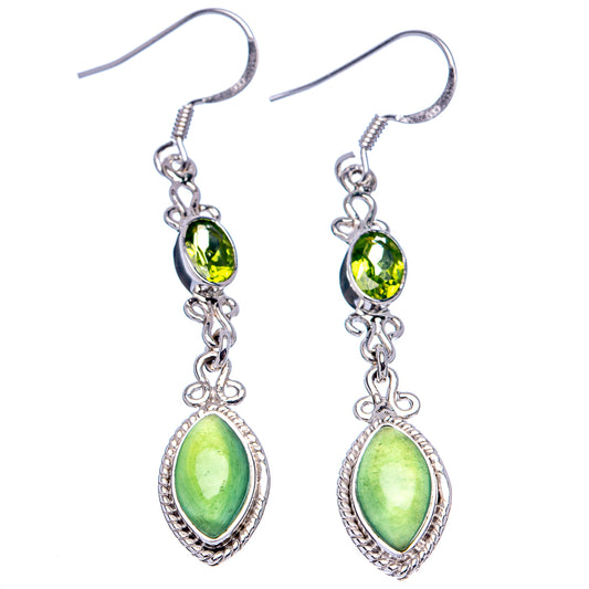 Silver oval green gemstone drop earrings with dangling chain and teardrop accents