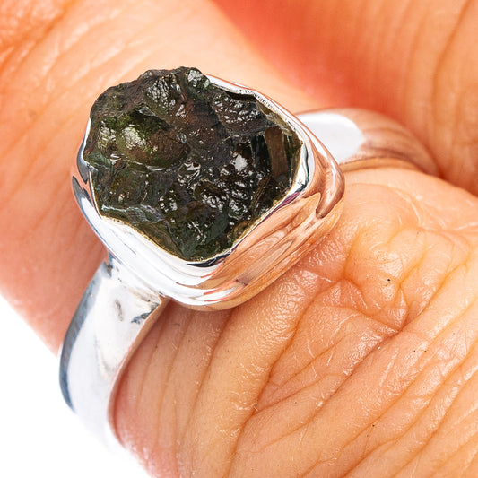Sterling silver ring with dark green textured moldavite stone, size 6.75