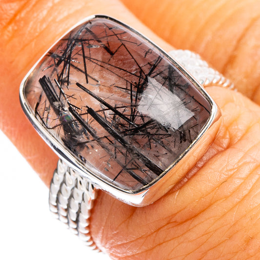 Sterling silver ring with rectangular black tourmalinated quartz cabochon