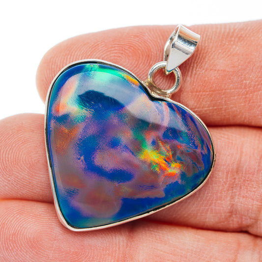 Aurora Opal Heart Pendant 1 3/8" (.925 Sterling Silver)