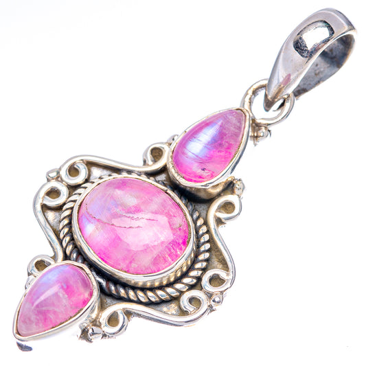 Pink moonstone pendant .925 sterling silver with ornate oval bezel and three pink cabochons
