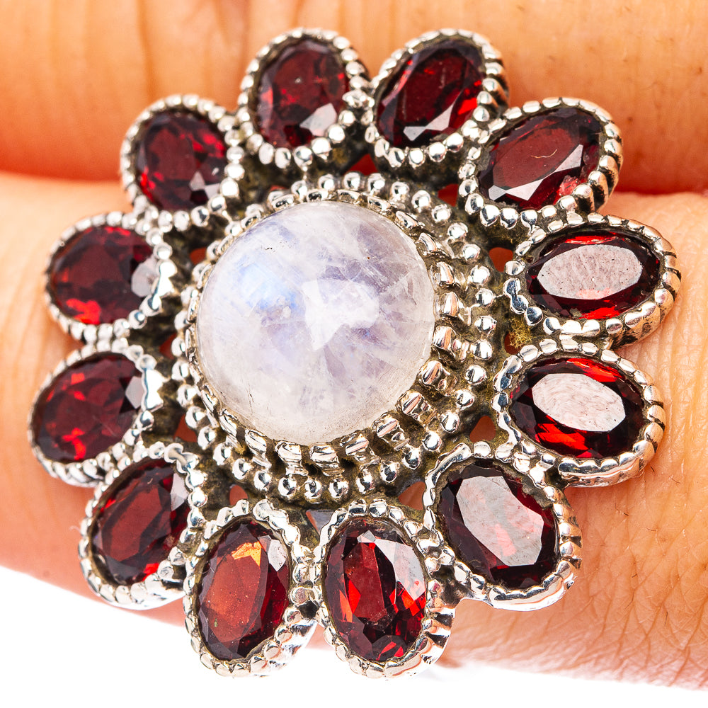 Rainbow Moonstone, Garnet Flower Ring Size 8 (.925 Sterling Silver)
