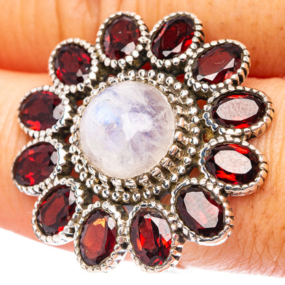 Rainbow Moonstone, Garnet Flower Ring Size 8 (.925 Sterling Silver)