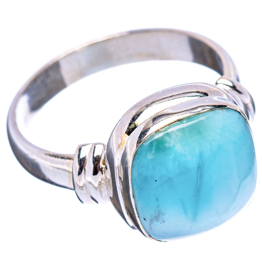 Turquoise oval larimar cabochon on .925 sterling silver band with double-prong detail