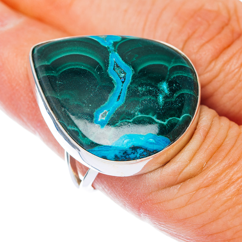 Large malachite chrysocolla ring with oval cabochon in silver