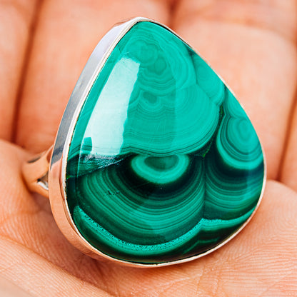 Malachite teardrop ring showing swirl green patterns in sterling silver, size 9