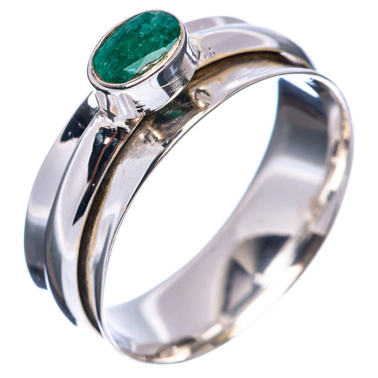 Sterling silver spinner ring, oval green gemstone bezel; open band side view