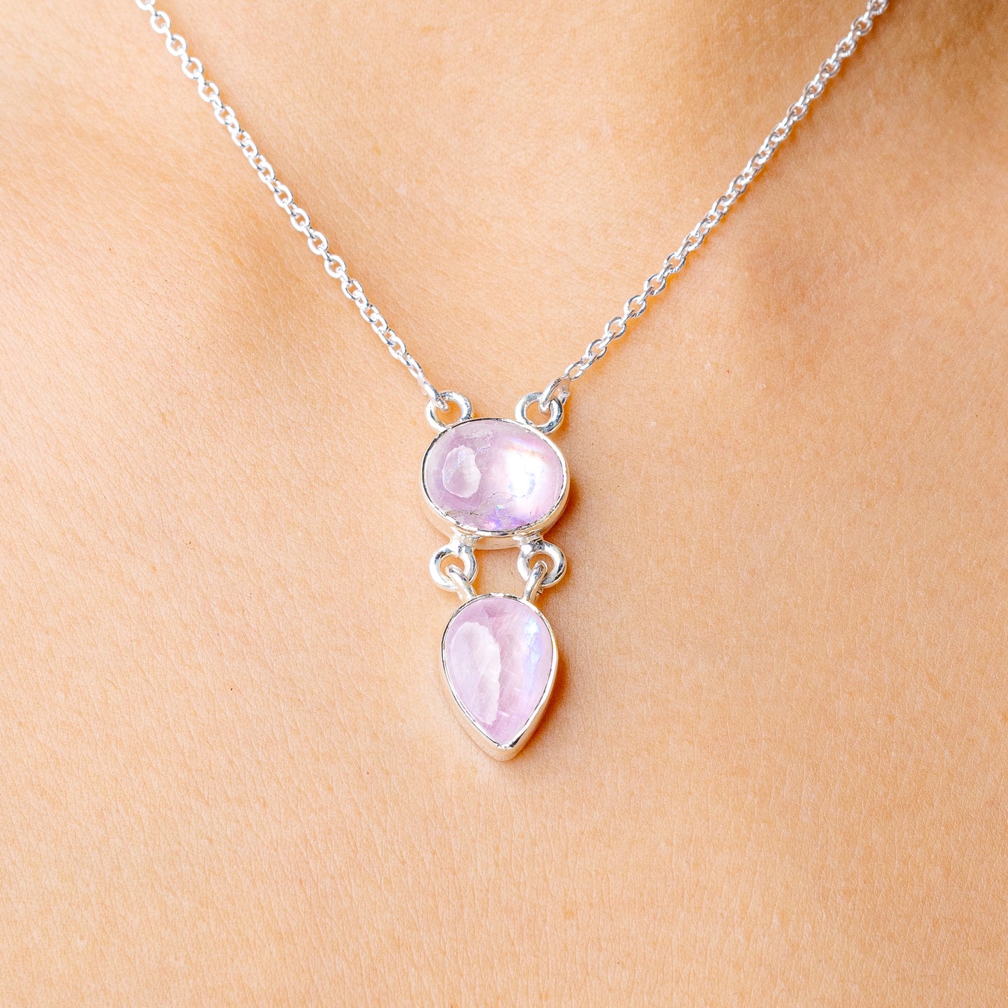 Pink Moonstone Necklace 15 7/8 To 17 7/8" (925 Sterling Silver) N90296