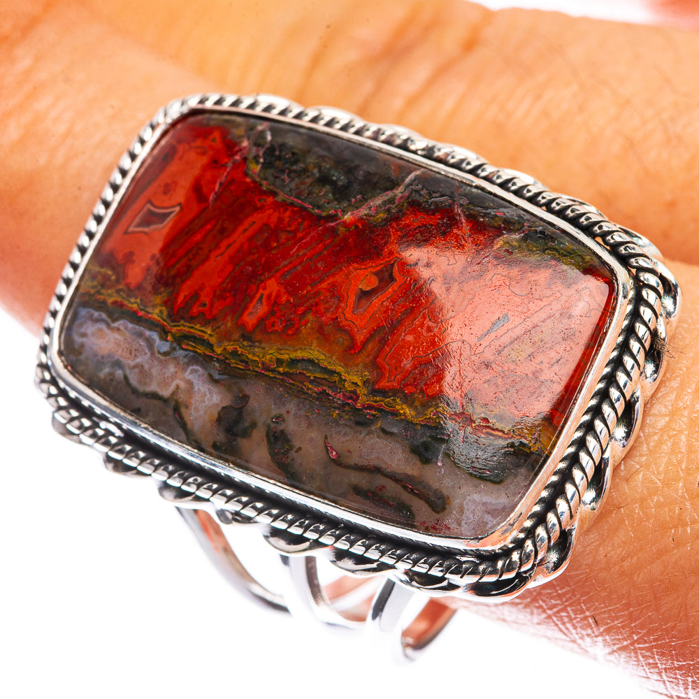 Sterling silver agate ring with rectangular marbled red, black, and gold stone