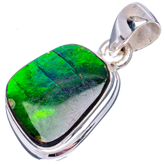 Sterling silver Canadian ammolite pendant with bezel-set green iridescent stone, angled view
