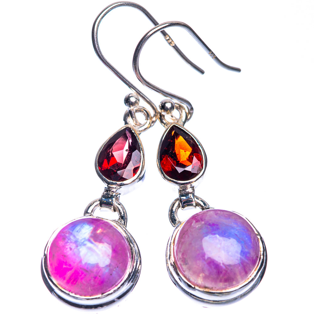 Sterling silver drop earrings with purple-pink moonstone discs and red garnet teardrops