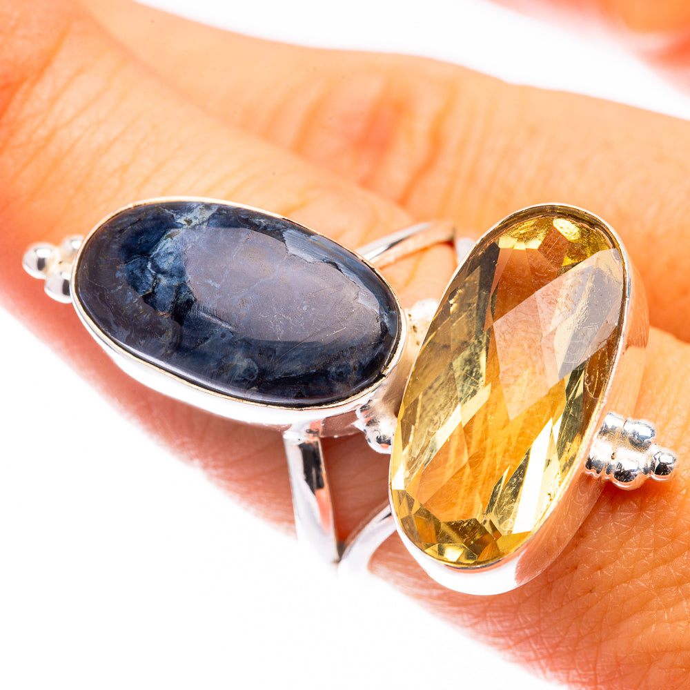 Oval blue pietersite and oval yellow citrine gemstone ring in 925 sterling silver