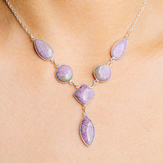 Sterling silver stichtite necklace with purple teardrop and oval gemstone links