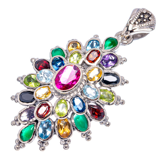 Sterling silver pendant with oval pink center and multicolor gemstone flower, top loop