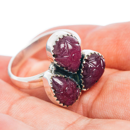 Premium 3-Gemstone Carved Ruby Ring Size 9 (.925 Sterling Silver)