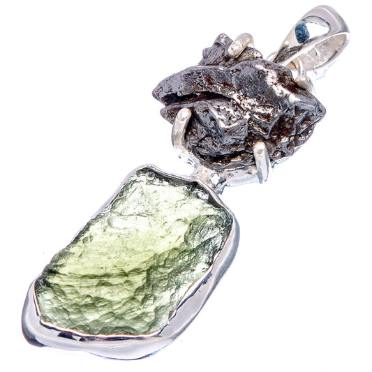 Sterling silver pendant with green rough moldavite and dark meteorite cap