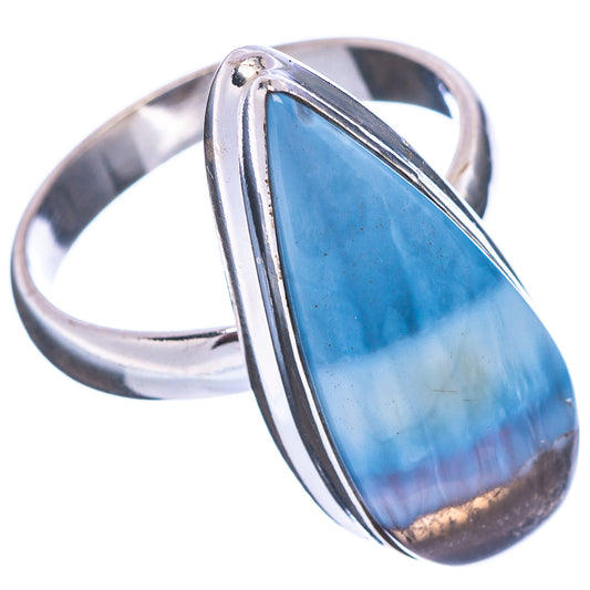 Sterling silver opal ring with oval blue gemstone in polished open bezel setting
