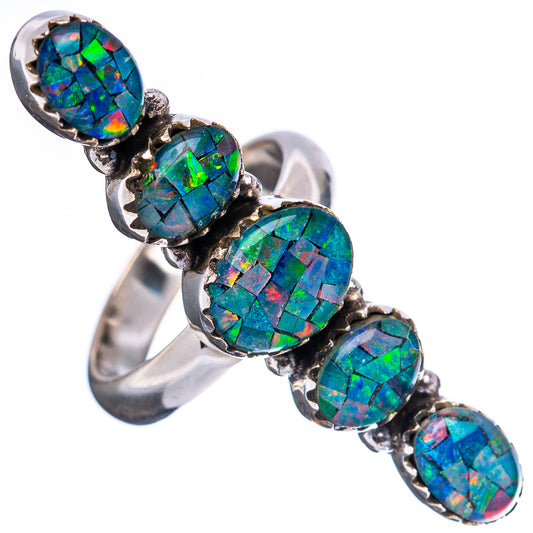 Adjustable .925 sterling silver ring with five oval blue-green opal triplet cabochons.