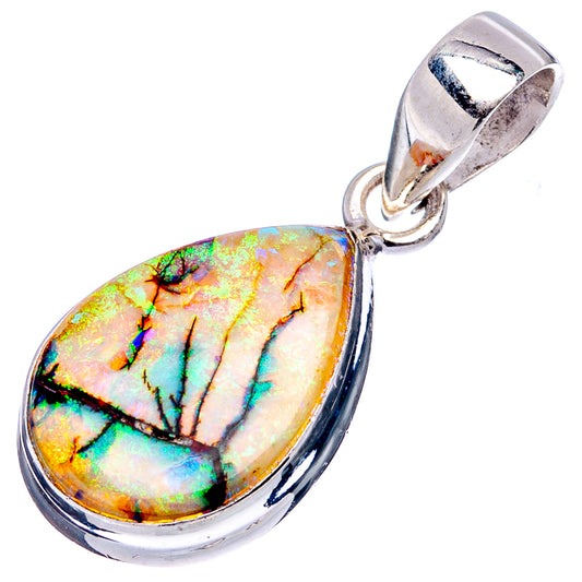 Sterling silver teardrop opal pendant with bright rainbow fire and silver bezel