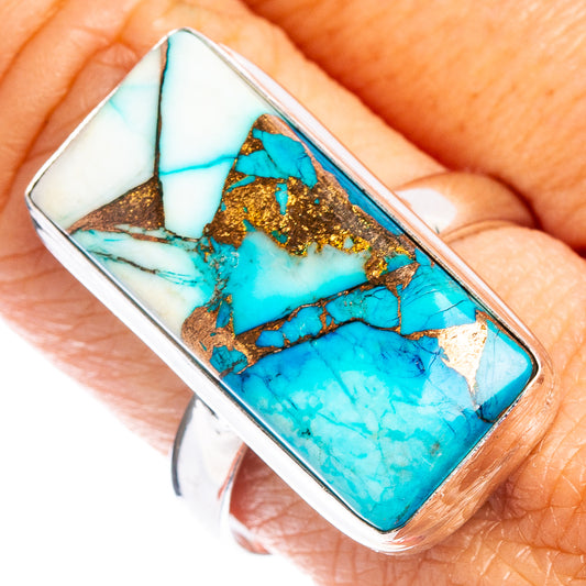 Sterling silver ring with large rectangular turquoise stone and gold matrix inlay